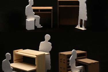 Collage shows four student models of room-forming desks made of cardboard against a black background.