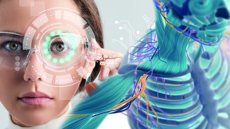 On the left side there is a woman wearing glasses with a button on the side that she presses. Around her left eye are circles and shapes, and to the left of her are more symbols. On the right side there is a 3D illustration of a person without a layer of skin, with bones, muscles and nerves visible.