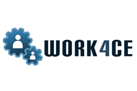 Projektlogo Work4ce: Schriftzug mit zwei Zahnrädern__Project logo Work4ce: Lettering with two gears