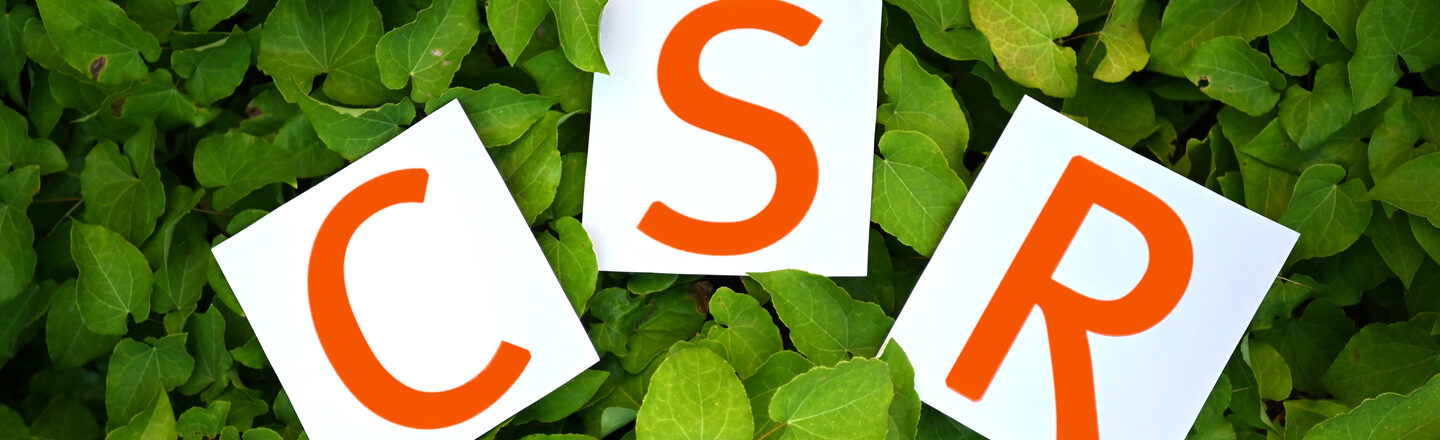 The letters C, S and R in orange on white paper in a hedge.