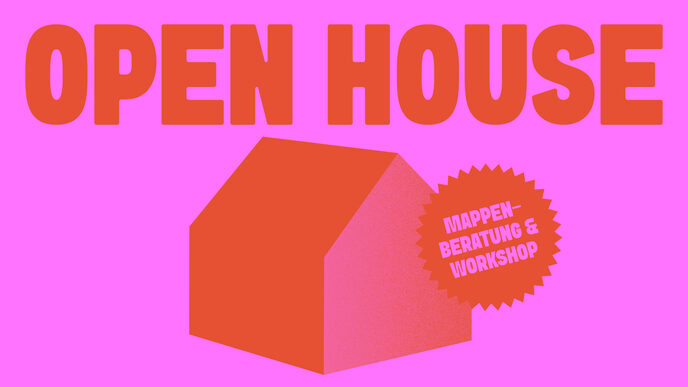 Graphic with pink background. "OPEN HOUSE" is written in large, red capital letters at the top. Below this is a stylized red house. On the right-hand side of the house is a red star symbol with the text "Mappenberatung & Workshop" in light letters.