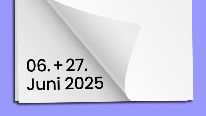 A calendar page with a folded corner on a light purple background. It reads in black letters: "June 06 + 27, 2025".