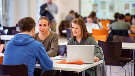 Foto von drei Studierenden, die an einem Tisch sitzen und sich austauschen. Im Hintergrund weitere Studierende an Tischen.__One female and two male students sit together at a table and study. In the background more students at tables.