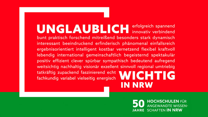 Keyvisual der Kampagne 50 Jahre HAWs in den Farben rot und grün für das Land NRW