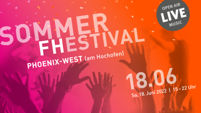 Eine Grafik mit dem Schriftzug "SommerFHestival Phoenix-West (am Hochofen) Samstag, 18. Juni 2022 von 15 bis 22 Uhr. Open Air Live Musik".