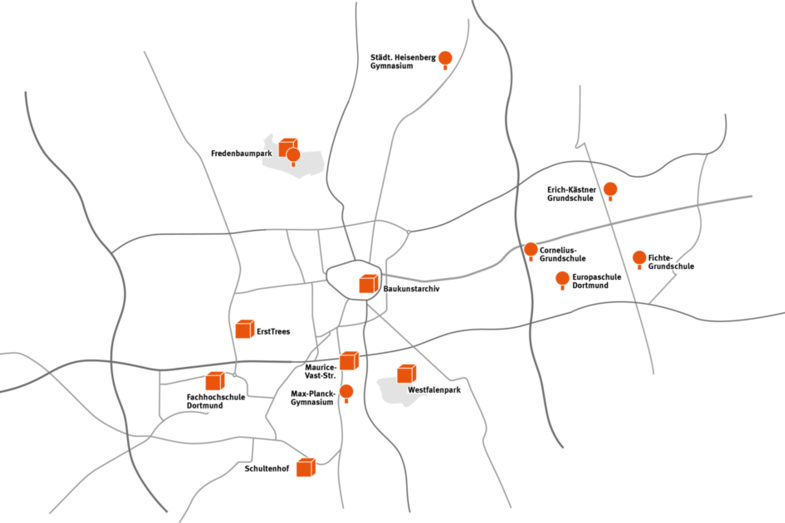 Graphics of the locations of the anniversary WürFHel and the 50 trees planted.