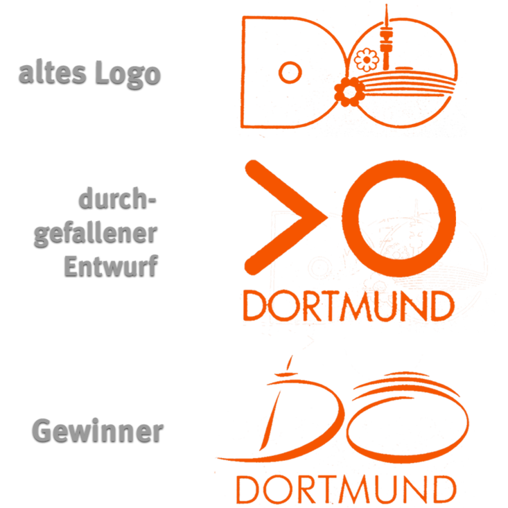 The overview shows various logos of the city of Dortmund. All of them are colored orange. They are made up of the letters D and O and are sometimes curved, sometimes very angular.