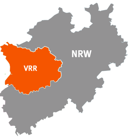 Der Umriss von NRW, indem der Bereich des Verkehrsverbund Rhein-Ruhr (VRR) orange hervorgehoben ist.