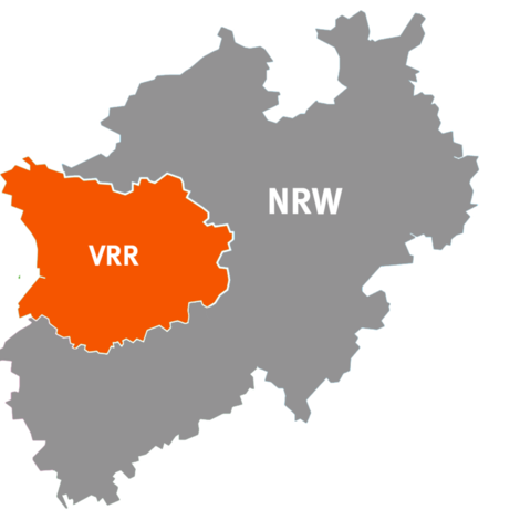 The outline of NRW, with the area of the Rhine-Ruhr Transport Association (VRR) highlighted in orange.