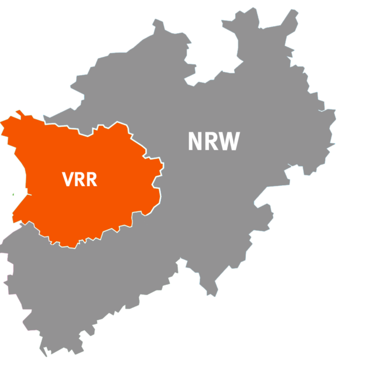 The outline of NRW, with the area of the Rhine-Ruhr Transport Association (VRR) highlighted in orange.