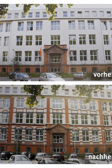 Zwei Bilder der Fassade Sonnenstraße. Vorher eine schlichte helle Fassade, nach der Restaurierung mit zahlreichen Verzierungen und Schmucksteinen.