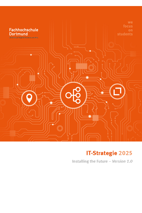 Die Titelseite der PDF-Datei zur IT-Strategie 20025 hat den englischen Untertitel: Installing the Future - Version 1.0. Zu sehen sind symbolische Grafiken mit IT-Bezug.