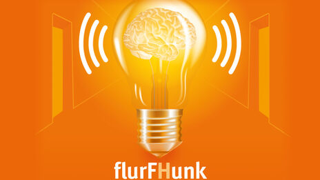 In einer strahlenden Glühbirne ist ein Gehirn visualisiert. Es ist ein Visual in Orange- und Gelbtönen. Auf dem Logo steht "flurFHunk - Der Podcast der Fachhochschule Dortmund."