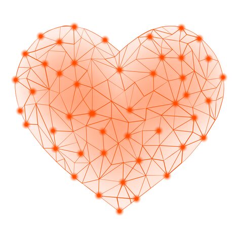 Eine Grafik eines orangenen Herzens, das wie ein Netzwerk aufgebaut ist und über Punkte miteinander verbunden ist__A graphic of an orange heart that is structured like a network and is connected to one another via dots