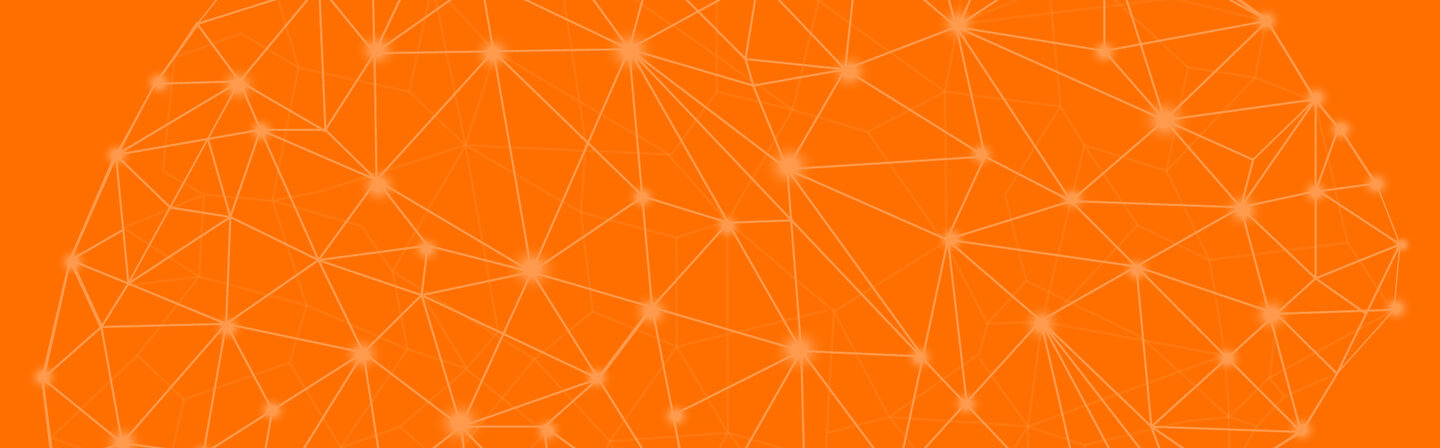 Eine Grafik eines orangenen Gehirns, das wie ein Netzwerk aufgebaut ist. __ A graphic of an orange brain built like a network.