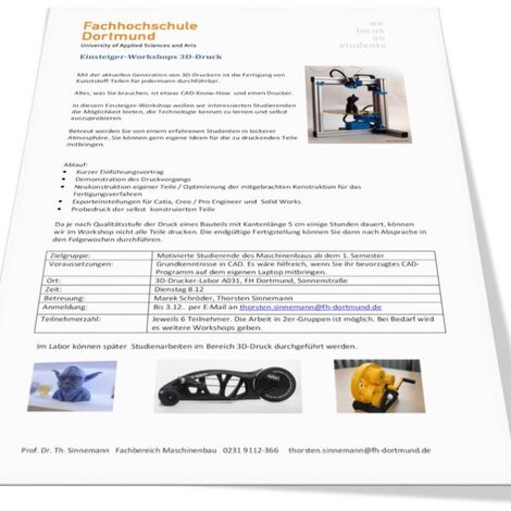 Foto eines Handouts mit Informationen zum 3D-Druck-Einsteiger-Workshop.