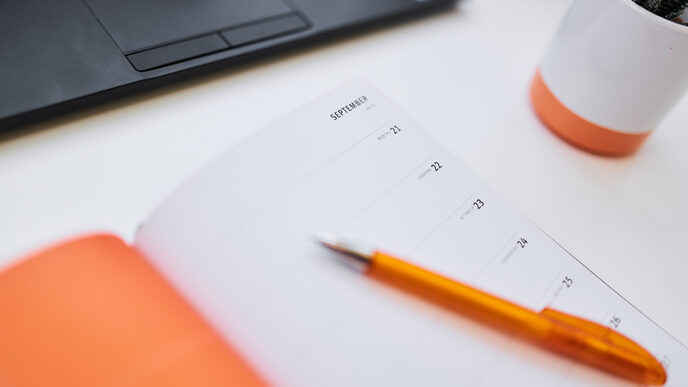 Photo of an open diary and a ballpoint pen lying on a table. Behind them is a laptop and a small flower pot in the cut.