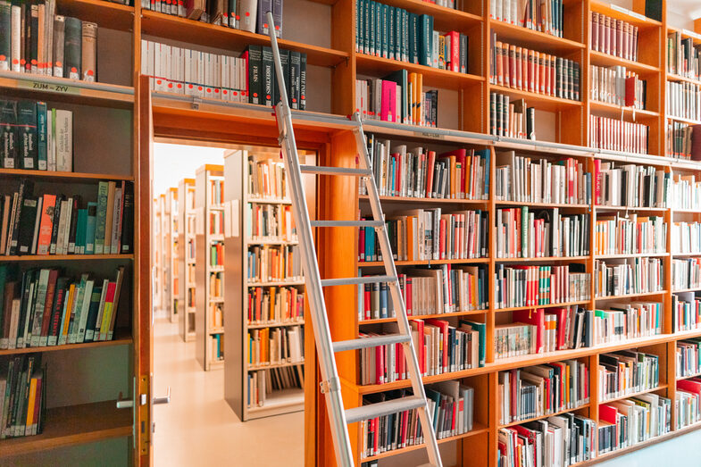 Foto der Bibliothek voller Bücher mit Treppe vorm Regal und Durchblick durch die Tür zu weiteren Bücherregalen. __