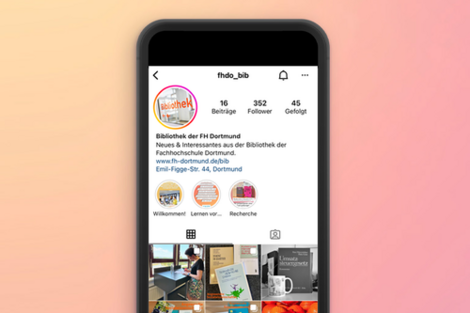 A smartphone in front of a yellow and pink background. The display shows a screenshot from the Fachhochschule Dortmund library's Instagram page.