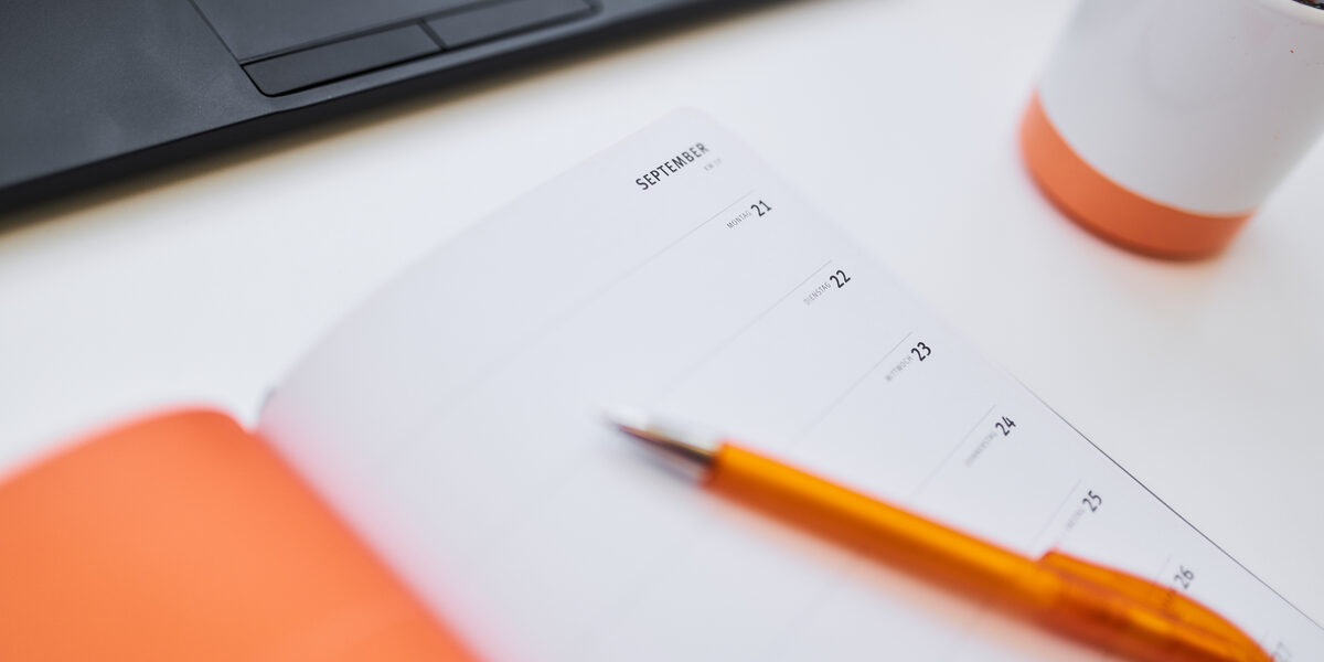 Photo of an open diary and a ballpoint pen lying on a table. Behind them is a laptop and a small flower pot in the cut.