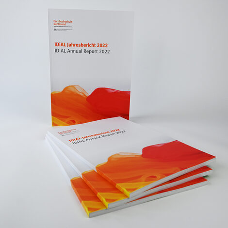 Illustration of 4 brochures, standing and lying, with the title IDiAL Annual Report 2022 and a wavy orange and red motif.