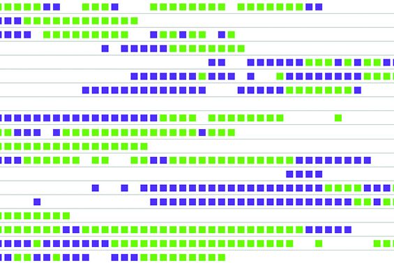 Grafik aus mehreren farbigen Vierecken in einer Reihe und Abschnitten.