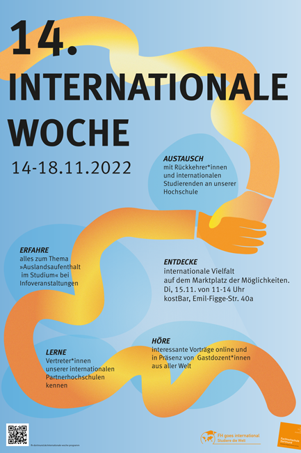 Illustration of two orange hands on light blue background with the text: 14th International Week. 14. bis 18.11.2022.__Illustration of two orange hands on light blue background with the text: 14th International Week. 14th to 18th November 2022.