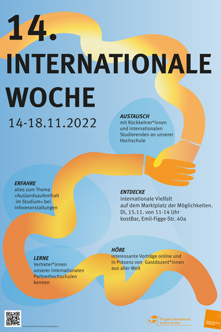 Illustration zwei orangener Hände auf hellblauem Hintergrund mit dem Text: 14. Internationale Woche. 14. bis 18.11.2022.__Illustration of two orange hands on light blue background with the text: 14th International Week. 14th to 18th November 2022.