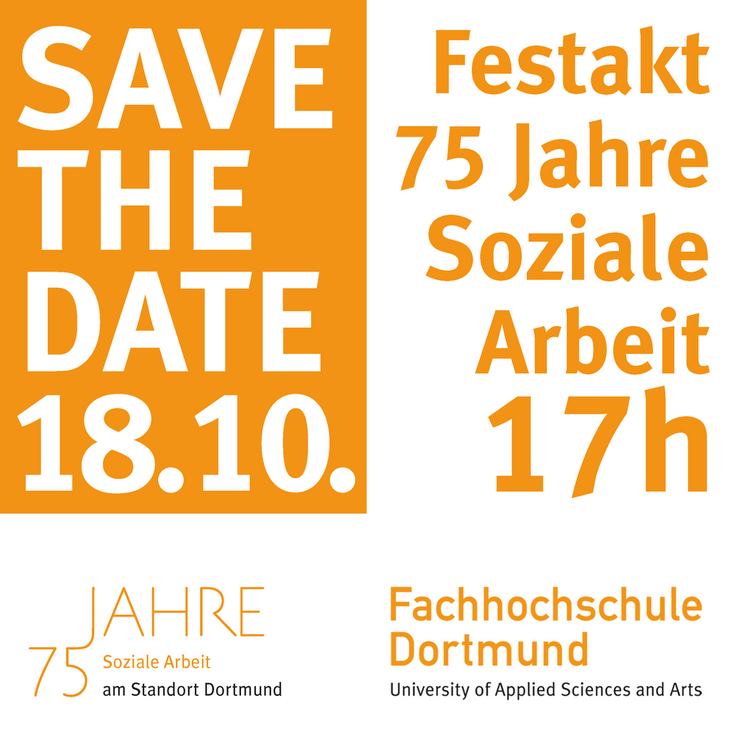 Textgrafik als "Save the Date"-Ankündigung für den Festakt zum Jubiläum "75 Jahre Soziale Arbeit" am 18.10.2023 um 17 Uhr