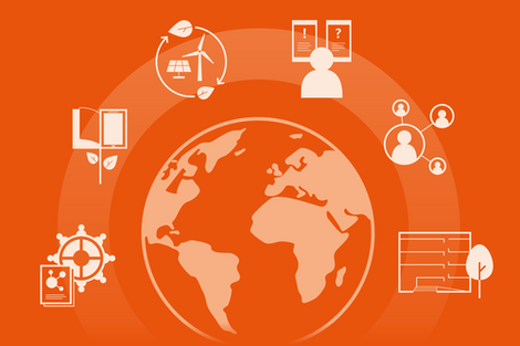 Sustainability report symbol graphic, globe surrounded by the six pictograms that represent the fields of action of the sustainability report: Governance, teaching, operations, research, transfer, university living space