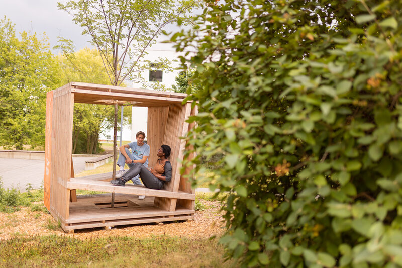 Photo of 2 students sitting and talking in a wooden cube equipped with seating. A tree is planted in the center of the cube.
