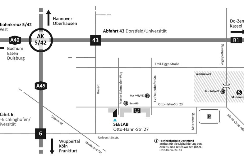 Directions to SEELAB in the IDiAL buildings. It is located at Otto-Hahn-Str. 27 in Dortmund.