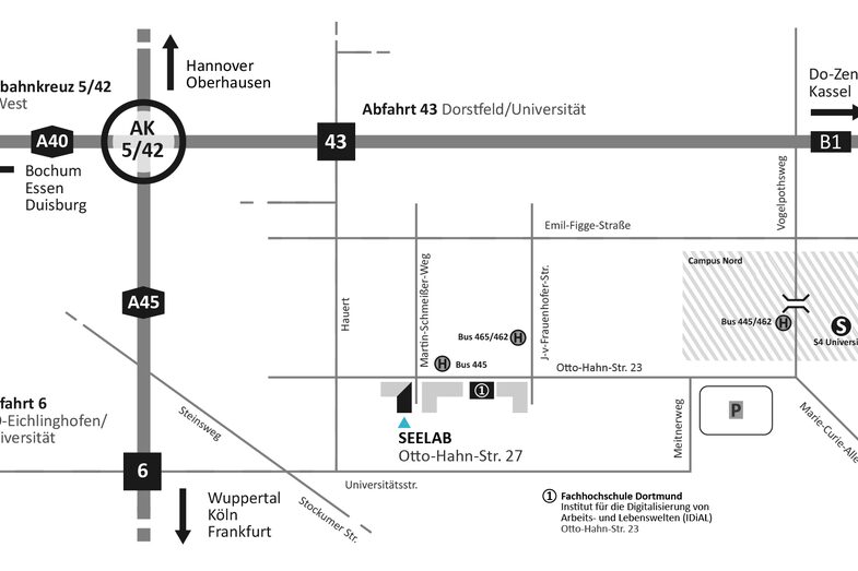 Anfahrtskizze zum SEELAB in den Gebäuden des IDiAL. Es befindet sich in der Otto-Hahn-Str. 27 in Dortmund.