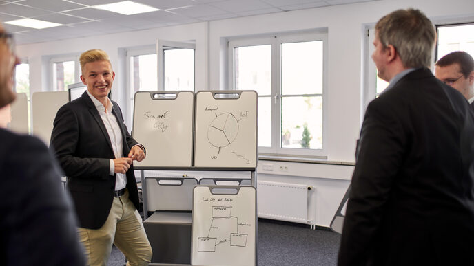 The picture shows a person standing in front of a holder with three smaller whiteboards. The person appears to be presenting or explaining something to three other people.