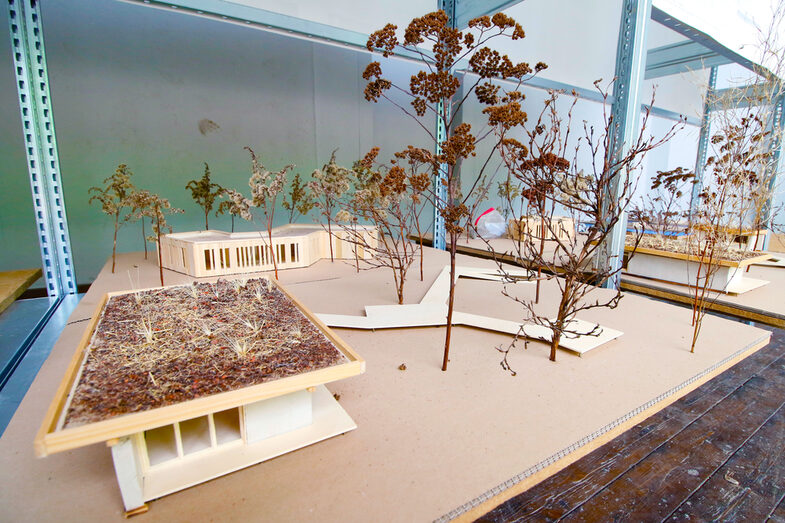 A miniature structure made of wood, cardboard and plants illustrates the design.