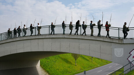 Mehrere Personen laufen hintereinander über eine Fußgängferbrücke und halten jeweils eine kleine Pflanze.