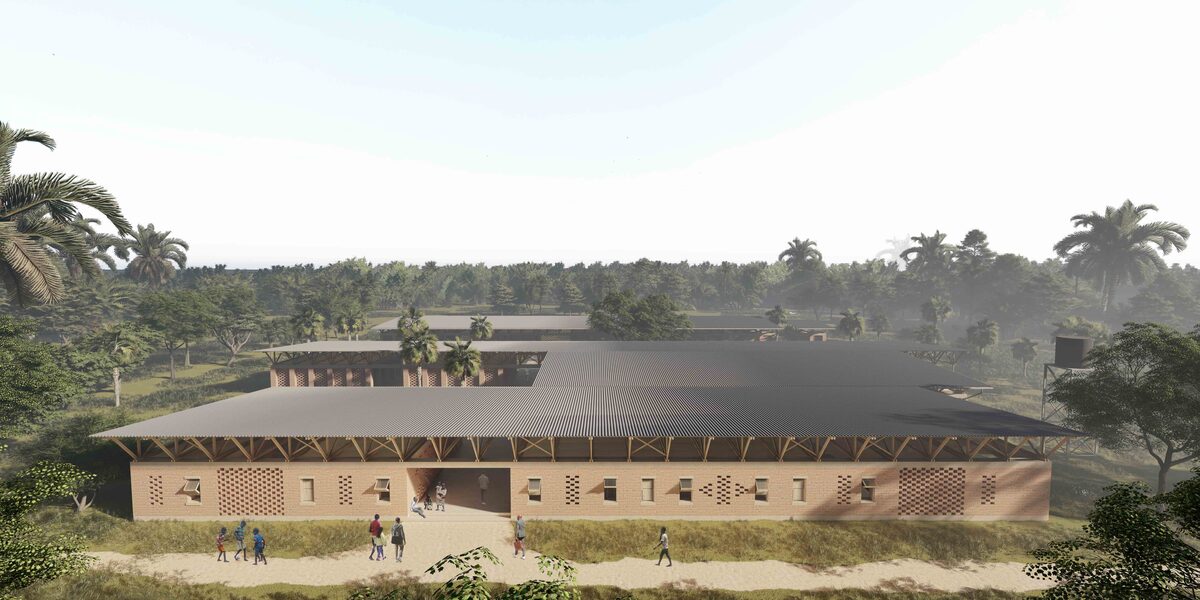 Digitale Darstellung des Entwurfs eines Schulgebäudes inmitten eines bewaldeten, tropischen Gebiets.
