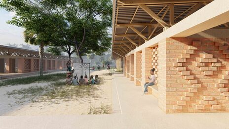 Digitale Darstellung des Entwurfs eines Schulgebäudes inmitten eines bewaldeten, tropischen Gebiets.