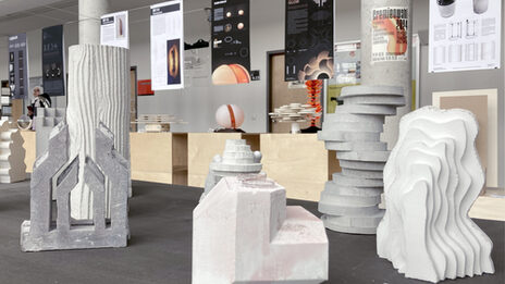 Close-up of concrete sculptures with other exhibits and informative posters in the background.
