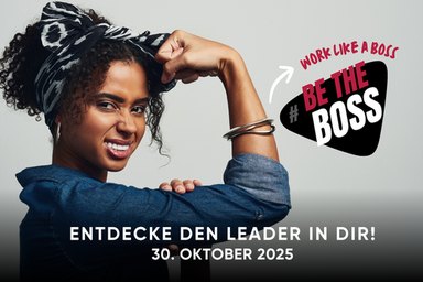 The poster shows a strong, young woman, the slogan "Be the Boss" and the date October 30, 2025