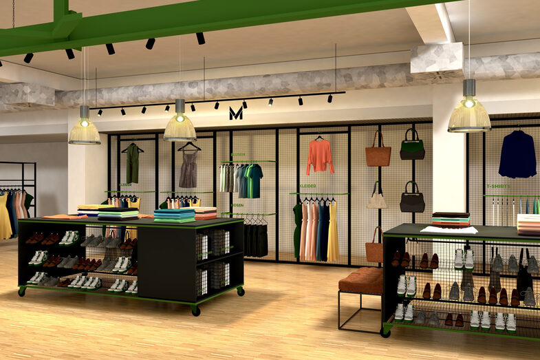 Eine Illustration zeigt, wie der Laden ausehen könnte. Markant sind die grünen Stahlträger an der Decke. Die Mode hängt und liegt auf Gitterartigen Möbeln.