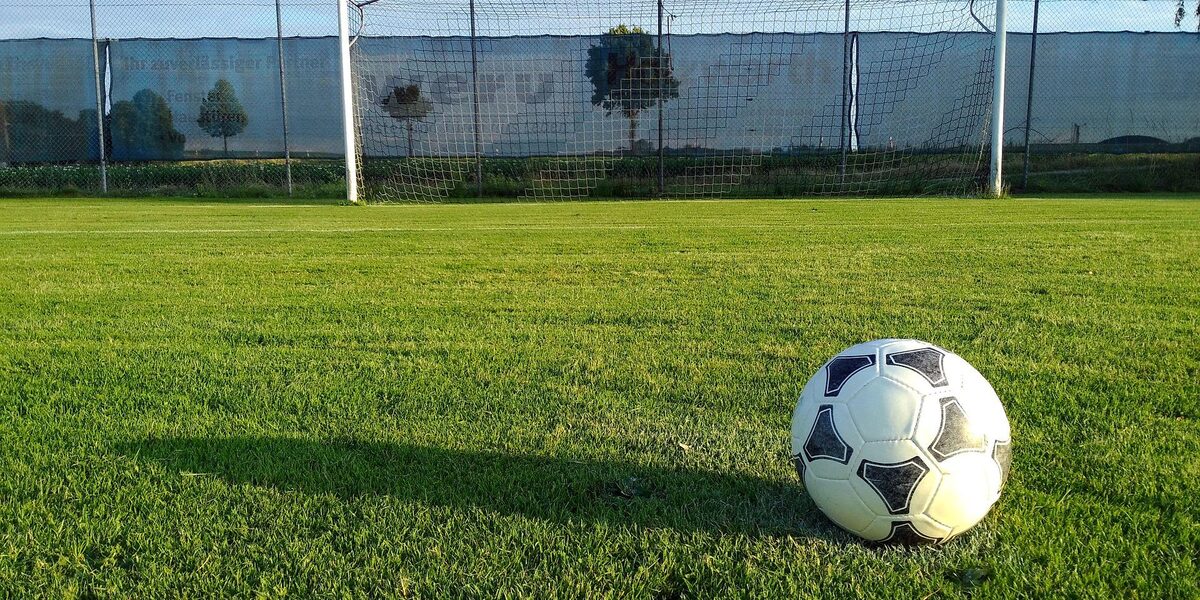 Ein Fußball liegt auf dem Rasen eines Fußballplatzes vor einem Tor.