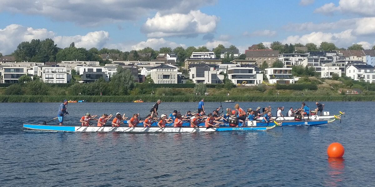 There are several boats on a lake, each with many paddlers.