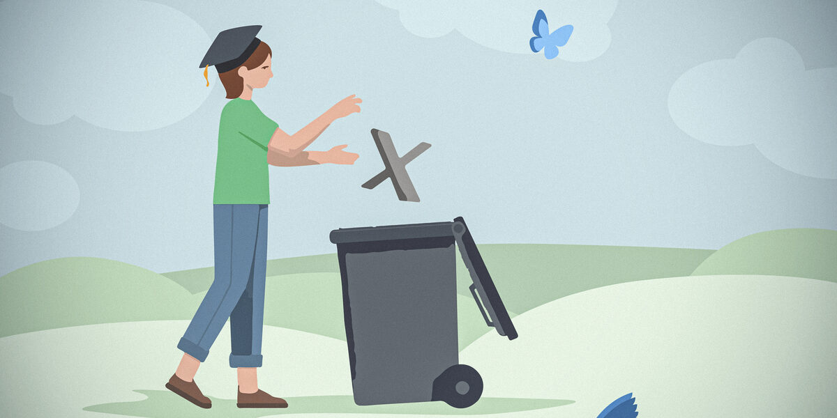 The graphic shows a person in a doctor's hat throwing the "X" logo into a dustbin. A Bluesky butterfly flutters next to it. The old Twitter logo is already lying next to the garbage can as a dead bird.