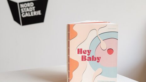 Cover des Hey Baby-Ratgebers mit Titel „Hey Baby“ und Untertitel „Schwangerschafts-Ratgeber in einfacher Sprache“ unzeigt die Befruchtung einer Eizelle