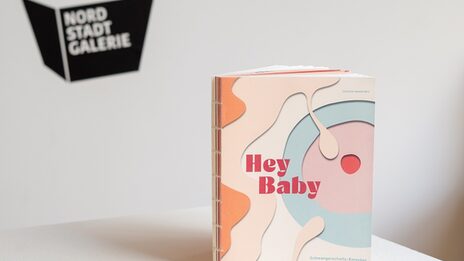 Cover of the Hey Baby guide with the title "Hey Baby" and subtitle "Pregnancy guide in simple language" showing the fertilization of an egg cell