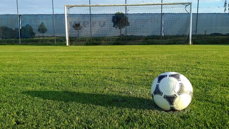 Ein Fußball liegt auf dem Rasen eines Fußballplatzes vor einem Tor.
