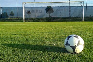 Ein Fußball liegt auf dem Rasen eines Fußballplatzes vor einem Tor.