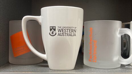 Two mugs with Fachhochschule Dortmund on a shelf with a mug bearing the UWA logo