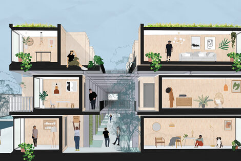 Die Illustration zeigt den Querschnitt der zum Wohnen umfunktionierten Markthalle. Die Wohneinheiten sind kubisch aufgebaut.